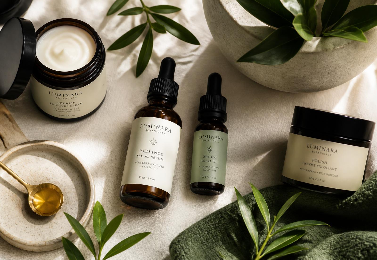 Natura Care beauty products arranged on cream linen with botanical leaves